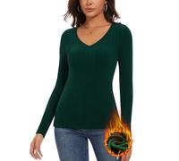 WOWENY Thermo Langarmshirt Damen Fleece Oberteil Gerippt V-Ausschnitt Fleeceshirt Langarm Unterhemd Warm Elegant Pullover Winter Weich Bequem(dunkelgrün,L)