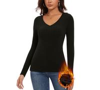 WOWENY Thermo Langarmshirt Damen Fleece Oberteil Gerippt V-Ausschnitt Fleeceshirt Langarm Unterhemd Warm Elegant Pullover Winter Weich Bequem(schwarz,M)