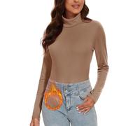 WOWENY Thermo Rollkragenshirt Damen Gerippt Rollkragenpullover Warm Ribbed Langarmshirt mit Stehkragen Elegant Rolli Langarm Bequem[Khaki, XL]