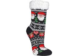 WOWERAT 1 Paar Hütten-Socken, mit ABS-Druck, „Weihnachten“ für Teenager und Damen mit dickem weichen Teddyfutter (schwarz/Weihnachtsmann, Gr.one-size DAMEN)