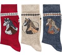 WOWERAT KINDER SOCKEN „Pferde Classic“ 3er-Bündel (Gr.31-34, dunkelrot-beige-jeans)