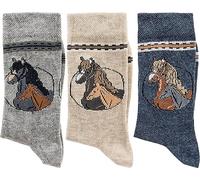 WOWERAT KINDER SOCKEN „Pferde Classic“ 3er-Bündel (Gr.31-34, grau-beige-jeans)