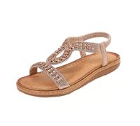 WOXIHUAN Damen Strass Sandalen Flache Sandaletten Sommer Offene Zehe Zehentrenner Bohemian Sandals Frauen T-Riemen Sandalette mit Elastischem Riemen Römersandalen Freizeitschuhe Strandsandaletten