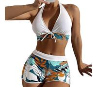 WOYUANSHA Bikini Badeanzug Damen BH Slips Set Stilvolle Dehnbare Bikini Set Hängender Hals BH Hohe Taille Shorts Bikini Set M Weiß