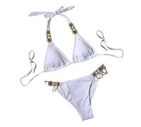 WOYUANSHA Bikini Badeanzug Damen Sexy Bikini Set Druck Halter BH Strass-Kette Slips Set Push Up Badeanzug S Weiß