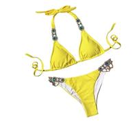 WOYUANSHA Bikini Badeanzug Damen Sexy Bikini Set Druck Halter BH Strass Steine Kette Slips Set Push Up Badeanzug L Gelb