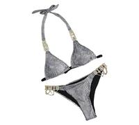 WOYUANSHA Bikini Badeanzug Damen Sexy Bikini Set Druck Halter BH Strass Steine Kette Slips Set Push Up Badeanzug S Silber