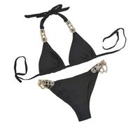 WOYUANSHA Bikini Badeanzug Damen Sexy Bikini Set Druck Halter BH Strass Steine Kette Slips Set Push Up Badeanzug L Schwarz