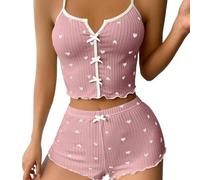 WOYUANSHA Pyjama Nachthemd Schlafanzug 2 Teile/Satz Lady Homewear Top Shorts Anzug Mit Herz Druck Ärmellose Rücken Freie Weste Elastische Kurze Hose Mit Hoher Taille Camis Shorts Outfit S Pink