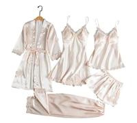 WOYUANSHA Pyjama Nachthemd Schlafanzug 5 Teile/Satz Frauen Pyjamas Set Nachthemd Top Shorts Hosen Set Seidig Satin Spitze Patchwork Dünne Damen Schlafanzug Set M Champagner