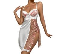 WOYUANSHA Pyjama Nachthemd Schlafanzug Transparente Mesh-Nachtwäsche Floral Bestickte V-Ausschnitt Satin Nachthemd Mesh Patchwork Elegant Rücken Frei S Pink White