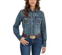 Wrangler Damen Long Sleeve Western Snap Work Shirt Bluse, Denim, Klein