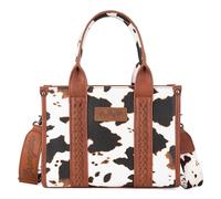 Wrangler - Damenhandtasche mit Kuhmuster, Western-Stil, Boho-Stil, mit Griff oben, Signature-Gurt, Kuh-Druck, braun
