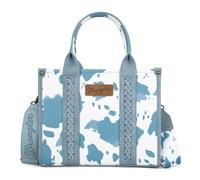 Wrangler Tragetasche mit Kuh-Aufdruck für Damen, Western-Geldbörse, Boho-Stil, Griff oben, Handtasche mit charakteristischem Riemen, Kuh-Druck, Blau, Medium