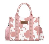 Wrangler Tragetasche mit Kuh-Aufdruck für Damen, Western-Geldbörse, Boho-Stil, Griff oben, Handtasche mit charakteristischem Riemen, Allover Cow Print Light Pink