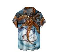 WRITKC Tropische Hemden Button Down Urlaub Casual Hawaii Kurzarm Männer Lose Strand Hemden, Blau-Oktopus, Mittel