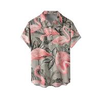 WRITKC Tropische Hemden Button Down Urlaub Casual Hawaii Kurzarm Männer Lose Strand Hemden, Graue rosa Vögel, XL