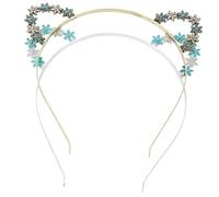 WRITWAA 2 Stück Blumen Stirnband Mit Katzenohren Auf Spitze Glitzernd Für Das Haar Weiche Rosa Ohren Flauschige Pelzige Kätzchen Stirnbänder Blaue Perlen Süßes Blumen Stirnband