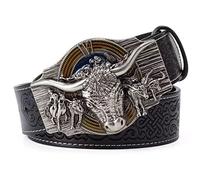 WRJAHCG Gürtel Western für Cowboy, Vintage Long Horn Bull Rodeo Western Cowboy Gürtel,Silver black,120CM/47.3''