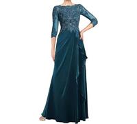 WSEYU Brautmutterkleider für Hochzeit, lang, 3/4-Ärmel, Spitzenapplikationen, plissiert, Brautmutter-Kleid, U-Ausschnitt, blaugrün, 44