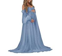 WSEYU Perlen-Umstandskleid für Fotoshootings, Tüll lange Puffy Ärmel Schulterfrei Babyshower Braut Schwangerschaft Kleider, dusty blue, 38