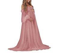 WSEYU Perlen-Umstandskleid für Fotoshootings, Tüll lange Puffy Ärmel Schulterfrei Babyshower Braut Schwangerschaft Kleider, Dusty Rose, 40