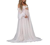 WSEYU Perlen-Umstandskleid für Fotoshootings, Tüll lange Puffy Ärmel Schulterfrei Babyshower Braut Schwangerschaft Kleider, elfenbeinfarben, 36