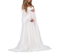 WSEYU Perlen-Umstandskleid für Fotoshootings, Tüll lange Puffy Ärmel Schulterfrei Babyshower Braut Schwangerschaft Kleider, weiß, 38