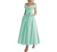 WSEYU Schulterfreies Brautmutter-/Bräutigammutter-Kleid, Satin mit Schleife, formelles Abendkleid, Großmutter-Kleid, Tea-Length ZM289, türkis, 40