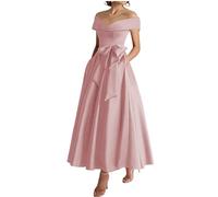 WSEYU Schulterfreies Kleid für die Brautmutter und Bräutigam, Satin-Schleife, formelle Abendkleid, für Großmutter, Tee-Länge ZM289, rosa - dusty pink, 38