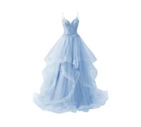 WSEYU Spitzenapplikationen Hochzeit Brautjungfer Kleid Puffärmel V-Ausschnitt Abiballkleid Tüll Formales Abendkleid Ballkleid ZMKI600, himmelblau, 42