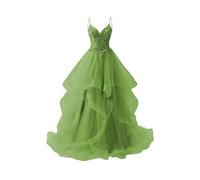 WSEYU Spitzenapplikationen Hochzeit Brautjungfer Kleid Puffärmel V-Ausschnitt Abiballkleid Tüll Formales Abendkleid Ballkleid ZMKI600, olivgrün, 42
