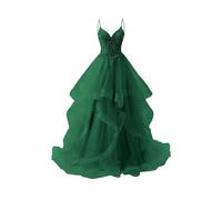 WSEYU Spitzenapplikationen Hochzeit Brautjungfer Kleid Puffärmel V-Ausschnitt Abiballkleid Tüll Formales Abendkleid Ballkleid ZMKI600, smaragdgrün, 42