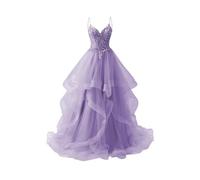 WSEYU Spitzenapplikationen Hochzeit Brautjungfer Kleid Puffärmel V-Ausschnitt Abiballkleid Tüll Formales Abendkleid Ballkleid ZMKI600, lavendel, 42