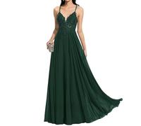 WSEYU ZMKI633 Damen Spitzen-Applikationen Brautjungfernkleid Spaghettiträger Ballkleid Satin formelle Abendparty Ballkleid, smaragdgrün, 38
