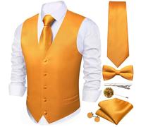 WSHOWY Herren-Weste, Krawatte, Fliege, Satin, V-Ausschnitt, einfarbig, Anzugweste, Manschettenknöpfe, Einstecktuch, formelle Hochzeit, Business, Smoking, gelb, Small