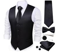 WSHOWY Herren-Weste, Krawatte, Fliege, Satin, V-Ausschnitt, einfarbig, Anzugweste, Manschettenknöpfe, Einstecktuch, formelle Hochzeit, Business, Smoking, Schwarz, X-Large