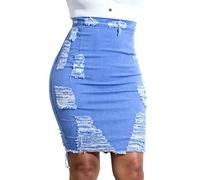 WSLCN Damen Jeansrock Denim Röcke High Waist Sommer Rock Zerrissen Bleistiftrock Knielang Stretch Jeansskirt Hell Blau DE XS (Asie S)