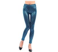 WSLCN Damen Leggings Sexy Meerjungfrau Glanz Leggings Fisch Schuppen Scale Glänzend Strumpfhose Hose Casual Champagner Blau DE XS(Asie M)
