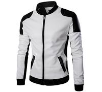 WSLCN Herren Mode Lederjacke Bikerjacken Kontrast Farbe Motorradjacke Kunstleder Stehkragen Slim Fit Kurz Herbst Mantel Weiß Asie M