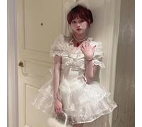 WSZJLN Weißes Lolita-Kleid, Goth, ästhetisch, Puffärmel, hohe Taille, Vintage-Spitzenbesatz, Party, Gothic-Kleidung, Sommerkleid, Damen-Weiß-L