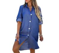WUFANGBU Hübsche Kleider Dress Damen Denim-Hemdkleid Hemdkragen Langarm Frauen Kleid Im A-Linien-Stil Einfarbiges Einreihiges Knielanges Kleid 3XL Blau