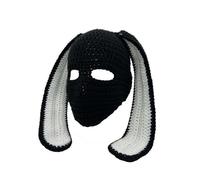 WUODHTW Damen Herren Strick-Sturmhaube, Gesichtsmaske, Hasenohren, lustige Hörner, Ski-Schal, Winter, warme Mütze, Halloween, Strickmütze, Totenkopf-Mütze, Schwarze und weiße Ohren, 38