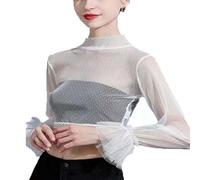WUODHTW Damen-Oberteil aus Spitze, durchsichtig, Netzstoff, Flügelärmel, bauchfreies Top, Rundhalsausschnitt, Sommer, Spitze, durchsichtig, Bluse, Weiß4, M