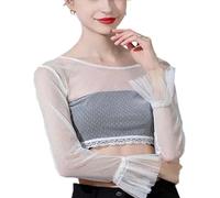 WUODHTW Damen-Oberteil aus Spitze, durchsichtig, Netzstoff, Flügelärmel, bauchfreies Top, Rundhalsausschnitt, Sommer, Spitze, durchsichtig, Bluse, weiß, M