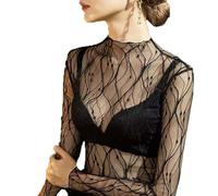 WUODHTW Langärmeliges Oberteil aus durchsichtigem Netzstoff für Damen, Stehkragen, florale Spitze, Bluse, durchsichtig, florales Spitzen-T-Shirt, Black6, M