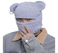 WUODHTW Unisex Y2K Ohrmütze, warme Strickmütze, Vollgesichtsmaske, Sturmhaube, Gesichtsbedeckung, Maske, Strickmütze, Totenkopfmütze, Halloween, Hip-Hop-Mütze, grau, Einheitsgröße