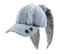 WUODHTW Y2k Baseballkappe mit Ohren, Metall, Eisenring, Kette, Used-Look, Denim, Baseballkappe, Sonnenkappe, Hiphop-Tanzhut, Hasenhut, A3, Einheitsgröße