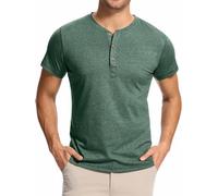WUWUSKY Herren T-Shirt mit 3-Knopfleiste Einfarbig Henley Poloshirt Freizeit Shirts | Baumwolle Kurzarm Shirt mit Hemd-Kragen,Grün,M