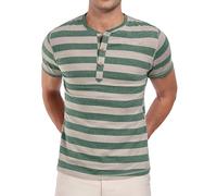 WUWUSKY Herren T-Shirt mit 3-Knopfleiste Einfarbig Henley Poloshirt Freizeit Shirts | Baumwolle Kurzarm Shirt mit Hemd-Kragen,Grüner Streifen,XL